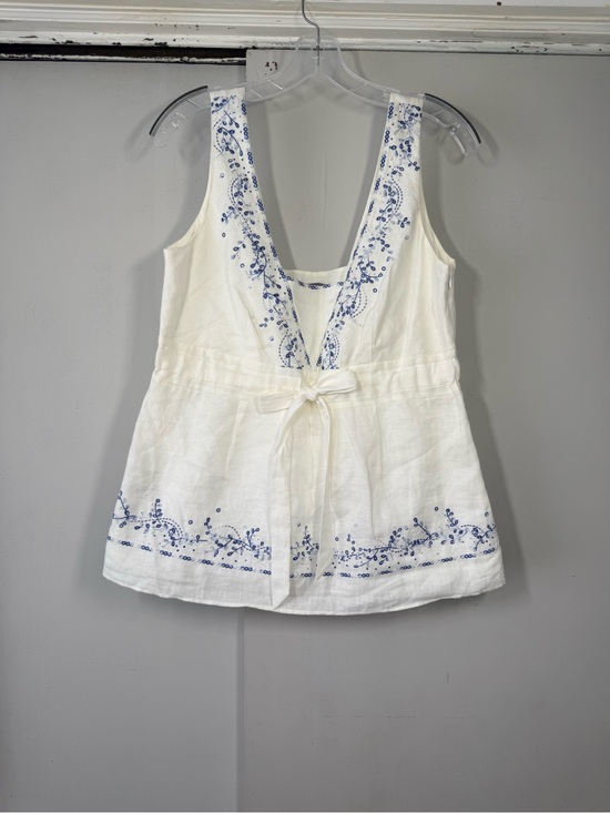 Ann Taylor Tops - Ann Taylor White Camisole with Blue Embroidered V-Neck and Tie-Waist